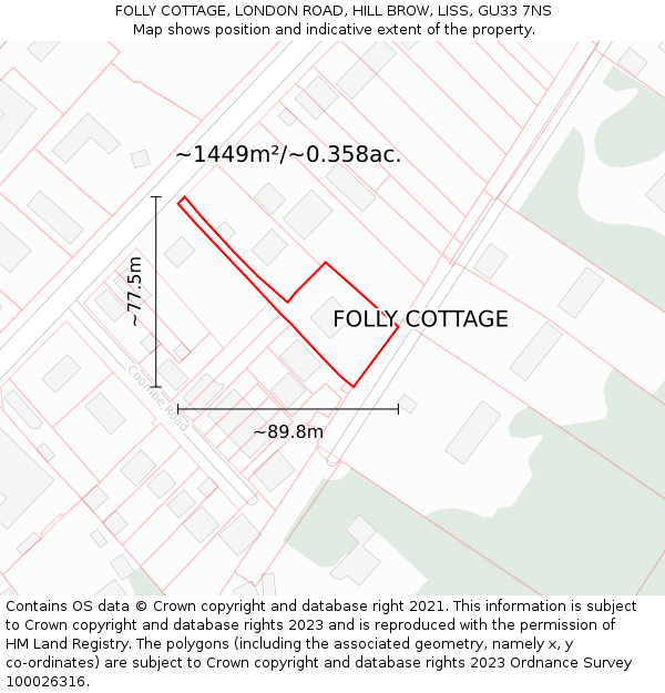 FOLLY COTTAGE, LONDON ROAD, HILL BROW, LISS, GU33 7NS: Plot and title map