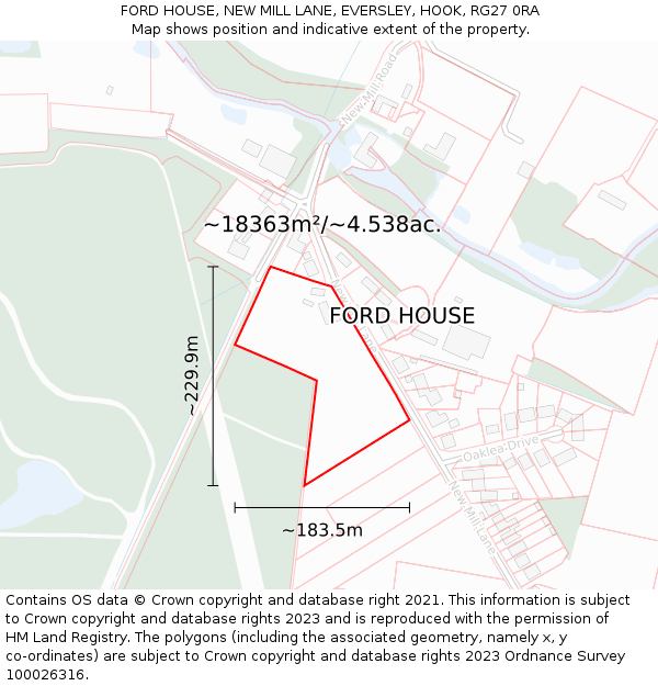 FORD HOUSE, NEW MILL LANE, EVERSLEY, HOOK, RG27 0RA: Plot and title map