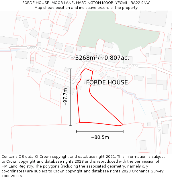 FORDE HOUSE, MOOR LANE, HARDINGTON MOOR, YEOVIL, BA22 9NW: Plot and title map