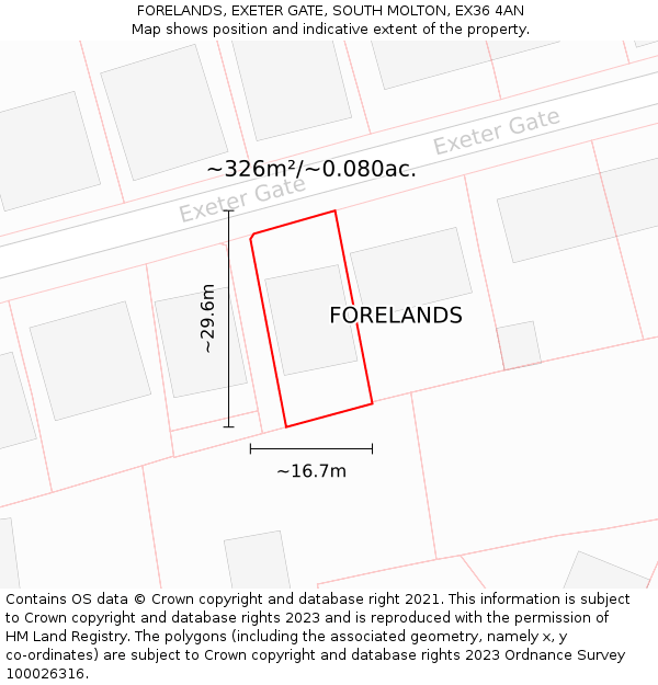 FORELANDS, EXETER GATE, SOUTH MOLTON, EX36 4AN: Plot and title map