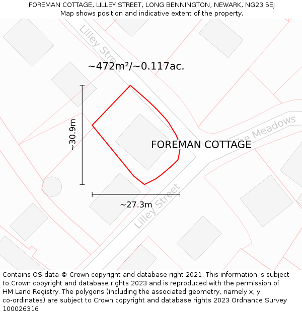 FOREMAN COTTAGE, LILLEY STREET, LONG BENNINGTON, NEWARK, NG23 5EJ: Plot and title map