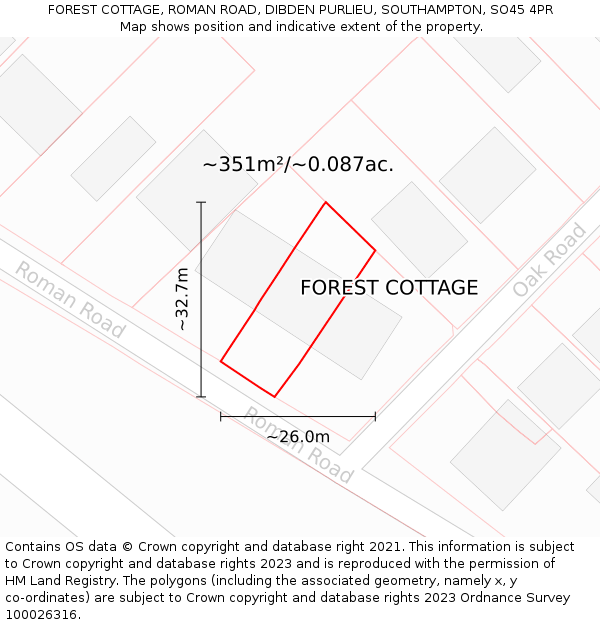 FOREST COTTAGE, ROMAN ROAD, DIBDEN PURLIEU, SOUTHAMPTON, SO45 4PR: Plot and title map