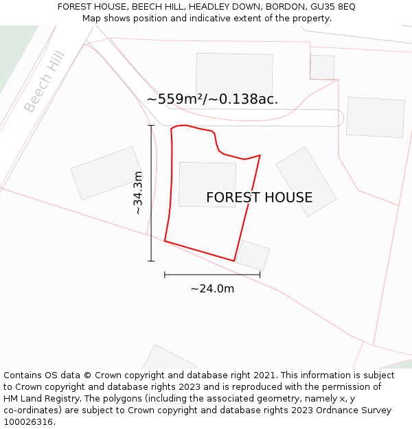 FOREST HOUSE, BEECH HILL, HEADLEY DOWN, BORDON, GU35 8EQ: Plot and title map