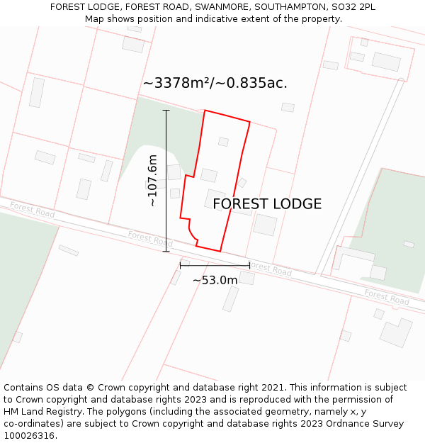 FOREST LODGE, FOREST ROAD, SWANMORE, SOUTHAMPTON, SO32 2PL: Plot and title map