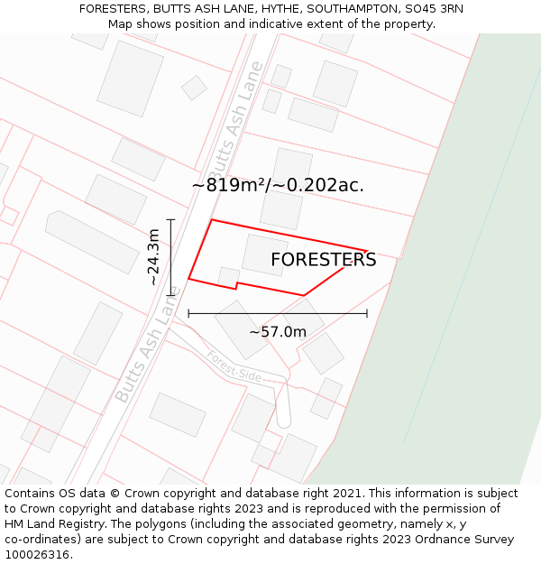 FORESTERS, BUTTS ASH LANE, HYTHE, SOUTHAMPTON, SO45 3RN: Plot and title map