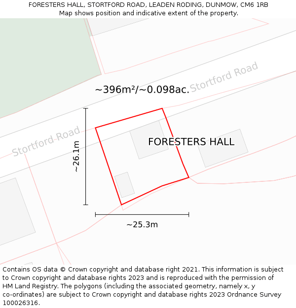 FORESTERS HALL, STORTFORD ROAD, LEADEN RODING, DUNMOW, CM6 1RB: Plot and title map