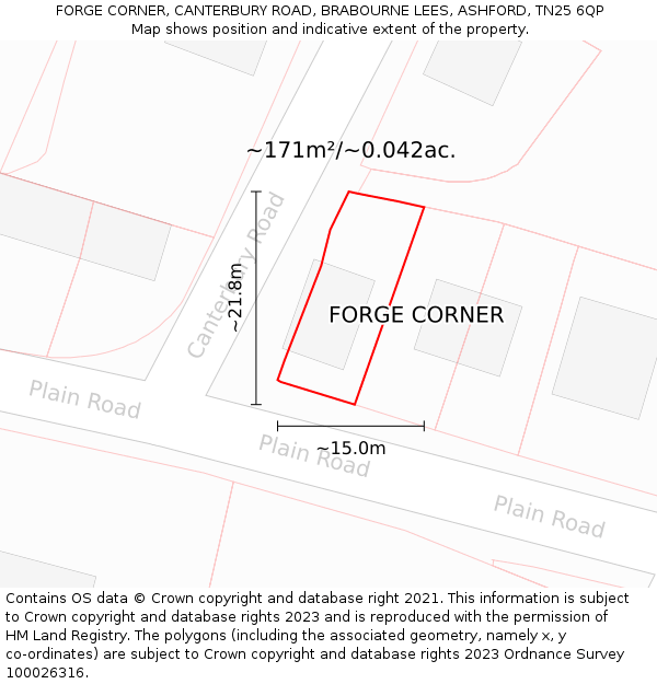 FORGE CORNER, CANTERBURY ROAD, BRABOURNE LEES, ASHFORD, TN25 6QP: Plot and title map