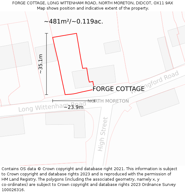 FORGE COTTAGE, LONG WITTENHAM ROAD, NORTH MORETON, DIDCOT, OX11 9AX: Plot and title map