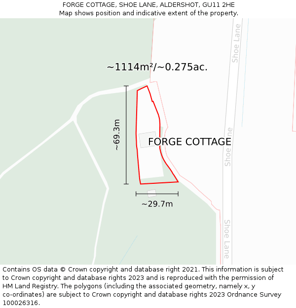 FORGE COTTAGE, SHOE LANE, ALDERSHOT, GU11 2HE: Plot and title map