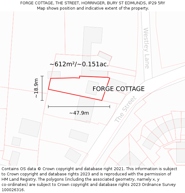 FORGE COTTAGE, THE STREET, HORRINGER, BURY ST EDMUNDS, IP29 5RY: Plot and title map