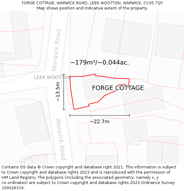 FORGE COTTAGE, WARWICK ROAD, LEEK WOOTTON, WARWICK, CV35 7QY: Plot and title map