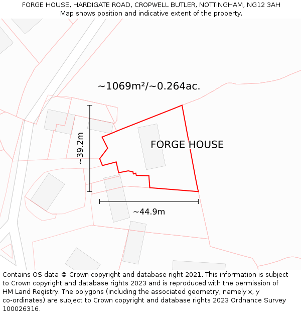 FORGE HOUSE, HARDIGATE ROAD, CROPWELL BUTLER, NOTTINGHAM, NG12 3AH: Plot and title map