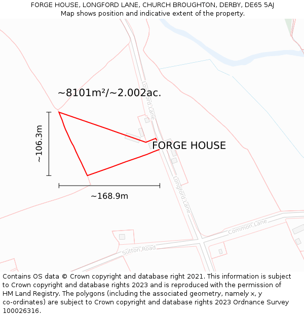 FORGE HOUSE, LONGFORD LANE, CHURCH BROUGHTON, DERBY, DE65 5AJ: Plot and title map