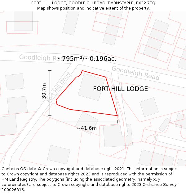 FORT HILL LODGE, GOODLEIGH ROAD, BARNSTAPLE, EX32 7EQ: Plot and title map