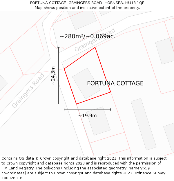 FORTUNA COTTAGE, GRAINGERS ROAD, HORNSEA, HU18 1QE: Plot and title map