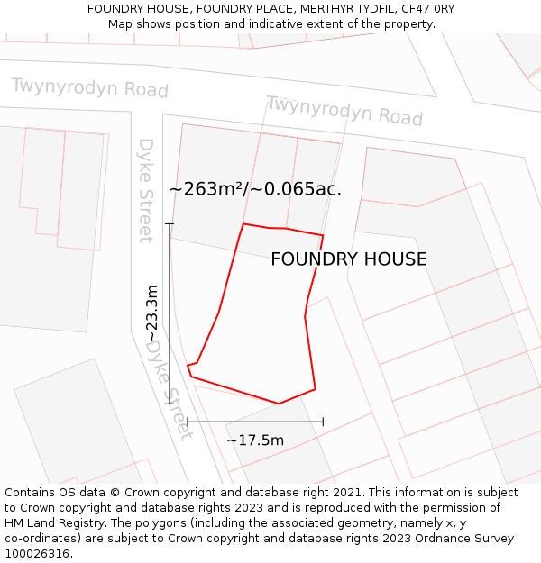 FOUNDRY HOUSE, FOUNDRY PLACE, MERTHYR TYDFIL, CF47 0RY: Plot and title map