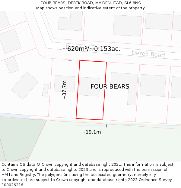 FOUR BEARS, DEREK ROAD, MAIDENHEAD, SL6 8NS: Plot and title map