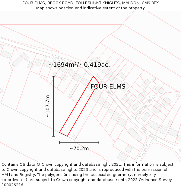 FOUR ELMS, BROOK ROAD, TOLLESHUNT KNIGHTS, MALDON, CM9 8EX: Plot and title map