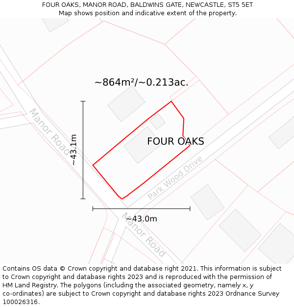 FOUR OAKS, MANOR ROAD, BALDWINS GATE, NEWCASTLE, ST5 5ET: Plot and title map