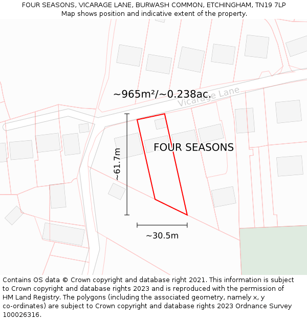 FOUR SEASONS, VICARAGE LANE, BURWASH COMMON, ETCHINGHAM, TN19 7LP: Plot and title map