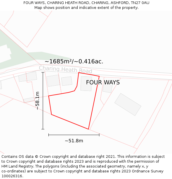 FOUR WAYS, CHARING HEATH ROAD, CHARING, ASHFORD, TN27 0AU: Plot and title map