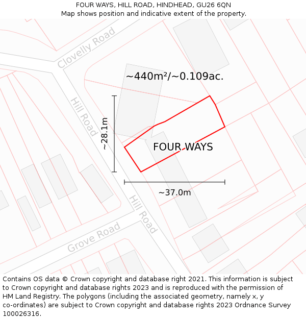 FOUR WAYS, HILL ROAD, HINDHEAD, GU26 6QN: Plot and title map