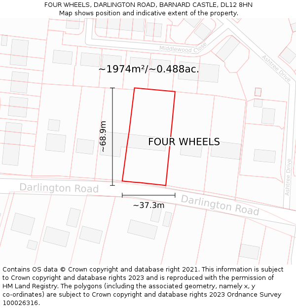 FOUR WHEELS, DARLINGTON ROAD, BARNARD CASTLE, DL12 8HN: Plot and title map