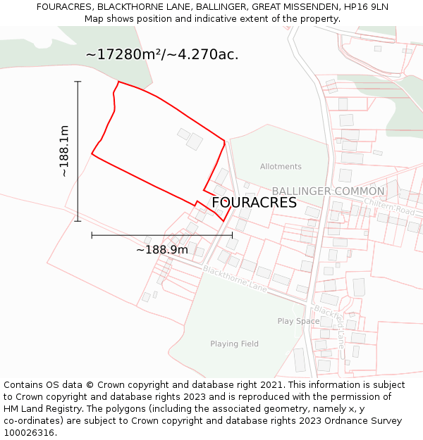 FOURACRES, BLACKTHORNE LANE, BALLINGER, GREAT MISSENDEN, HP16 9LN: Plot and title map