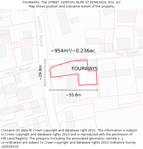 FOURWAYS, THE STREET, NORTON, BURY ST EDMUNDS, IP31 3LY: Plot and title map