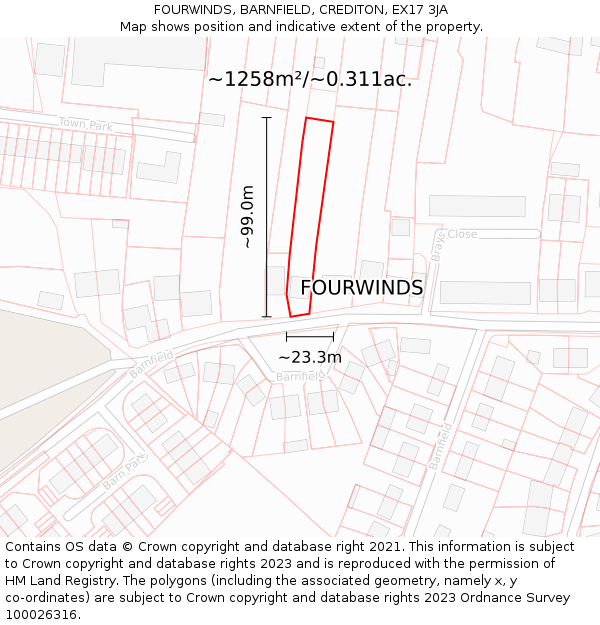 FOURWINDS, BARNFIELD, CREDITON, EX17 3JA: Plot and title map