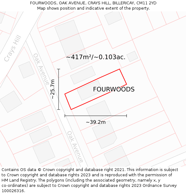 FOURWOODS, OAK AVENUE, CRAYS HILL, BILLERICAY, CM11 2YD: Plot and title map