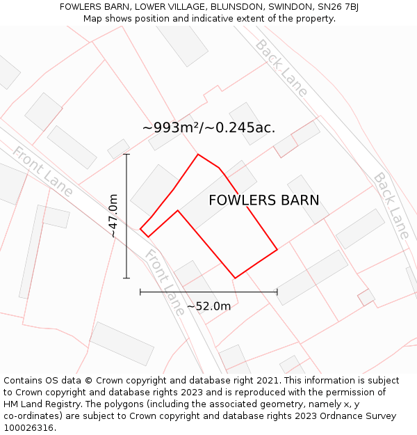 FOWLERS BARN, LOWER VILLAGE, BLUNSDON, SWINDON, SN26 7BJ: Plot and title map