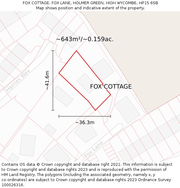 FOX COTTAGE, FOX LANE, HOLMER GREEN, HIGH WYCOMBE, HP15 6SB: Plot and title map