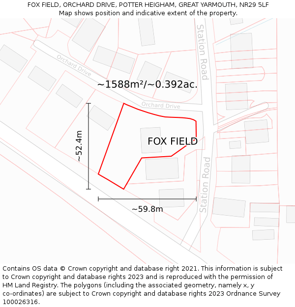 FOX FIELD, ORCHARD DRIVE, POTTER HEIGHAM, GREAT YARMOUTH, NR29 5LF: Plot and title map