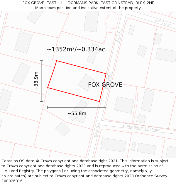 FOX GROVE, EAST HILL, DORMANS PARK, EAST GRINSTEAD, RH19 2NF: Plot and title map