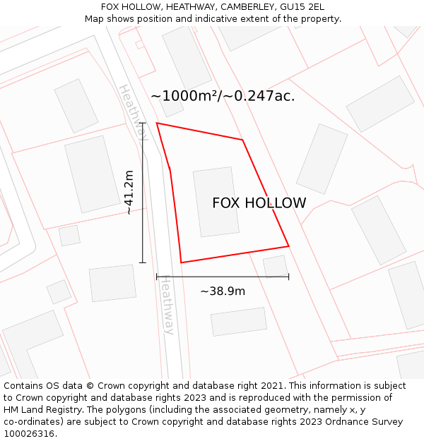FOX HOLLOW, HEATHWAY, CAMBERLEY, GU15 2EL: Plot and title map