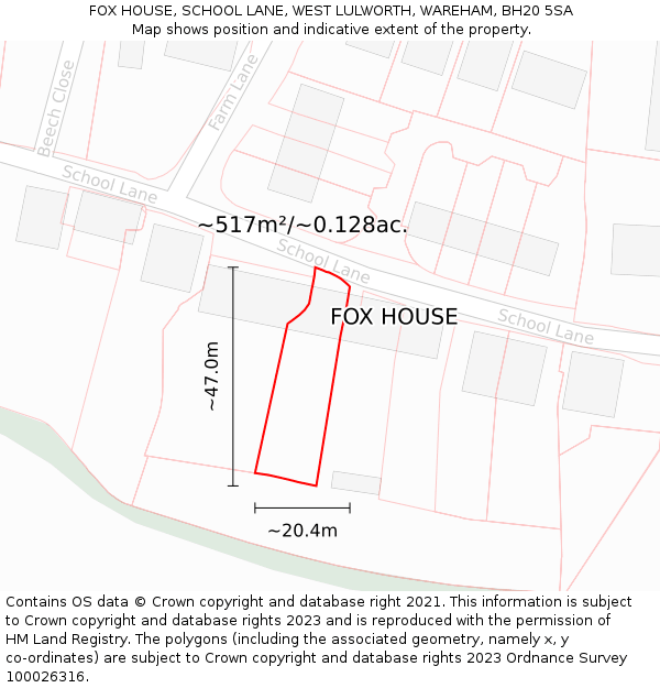 FOX HOUSE, SCHOOL LANE, WEST LULWORTH, WAREHAM, BH20 5SA: Plot and title map