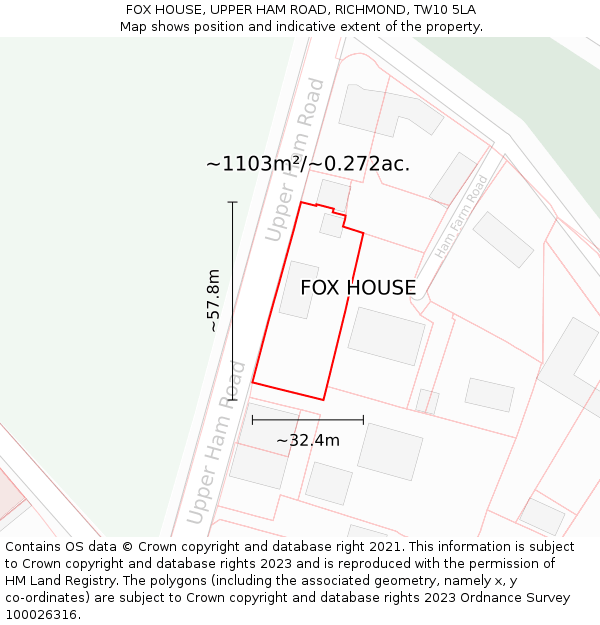FOX HOUSE, UPPER HAM ROAD, RICHMOND, TW10 5LA: Plot and title map