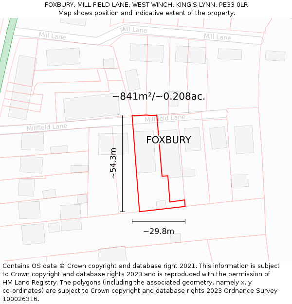 FOXBURY, MILL FIELD LANE, WEST WINCH, KING'S LYNN, PE33 0LR: Plot and title map