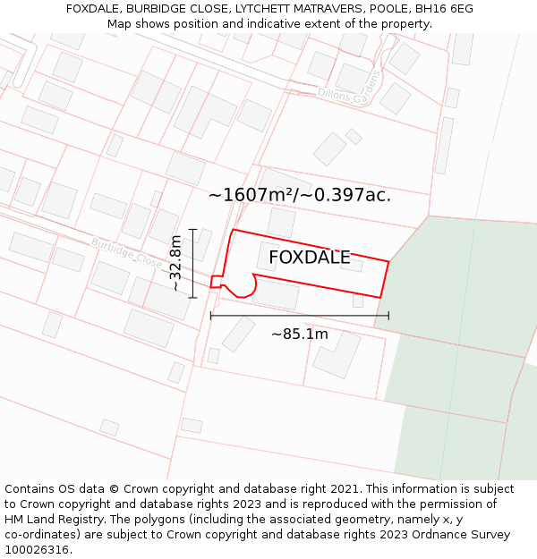 FOXDALE, BURBIDGE CLOSE, LYTCHETT MATRAVERS, POOLE, BH16 6EG: Plot and title map