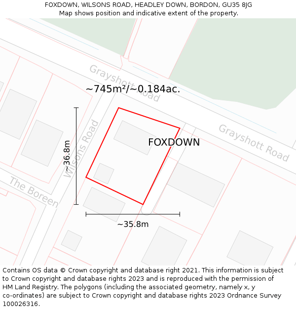 FOXDOWN, WILSONS ROAD, HEADLEY DOWN, BORDON, GU35 8JG: Plot and title map