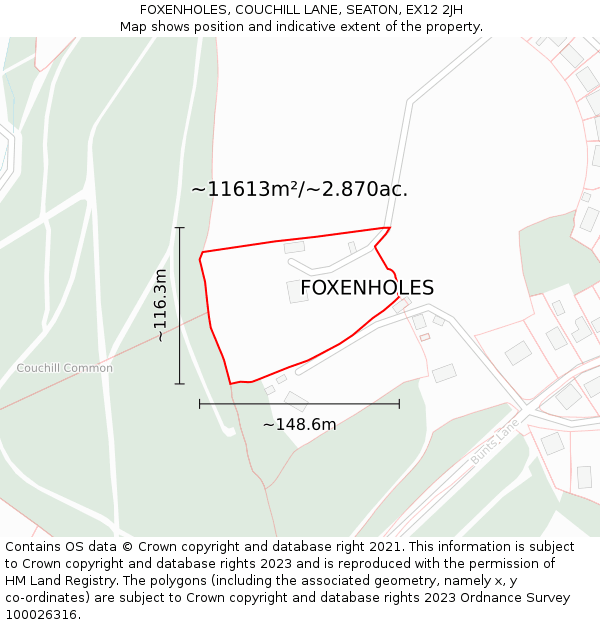 FOXENHOLES, COUCHILL LANE, SEATON, EX12 2JH: Plot and title map