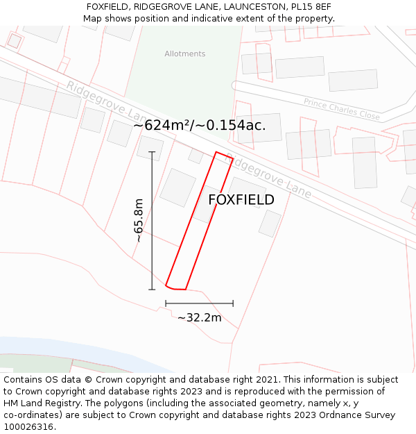 FOXFIELD, RIDGEGROVE LANE, LAUNCESTON, PL15 8EF: Plot and title map