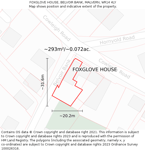 FOXGLOVE HOUSE, BELVOIR BANK, MALVERN, WR14 4LY: Plot and title map