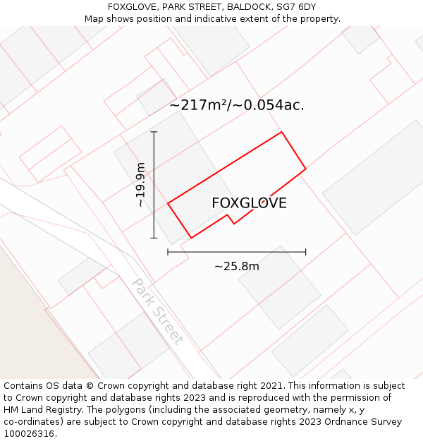 FOXGLOVE, PARK STREET, BALDOCK, SG7 6DY: Plot and title map