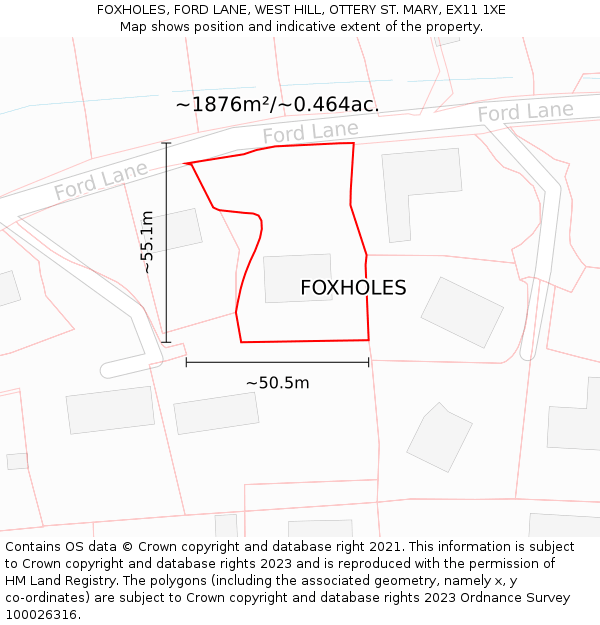 FOXHOLES, FORD LANE, WEST HILL, OTTERY ST. MARY, EX11 1XE: Plot and title map