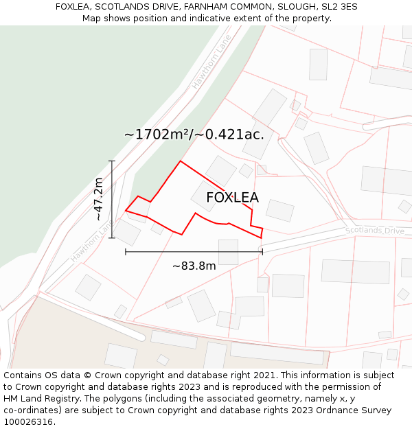 FOXLEA, SCOTLANDS DRIVE, FARNHAM COMMON, SLOUGH, SL2 3ES: Plot and title map