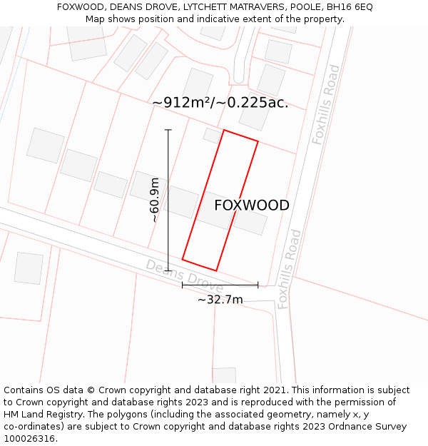 FOXWOOD, DEANS DROVE, LYTCHETT MATRAVERS, POOLE, BH16 6EQ: Plot and title map