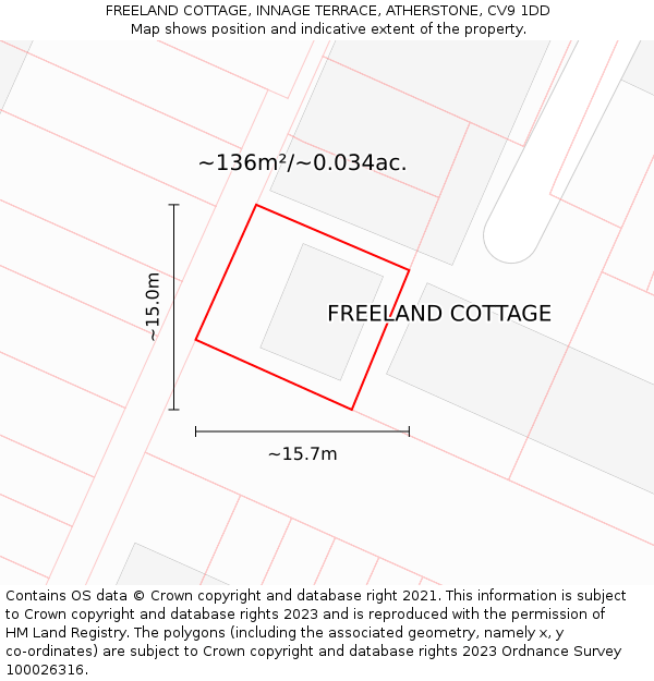 FREELAND COTTAGE, INNAGE TERRACE, ATHERSTONE, CV9 1DD: Plot and title map