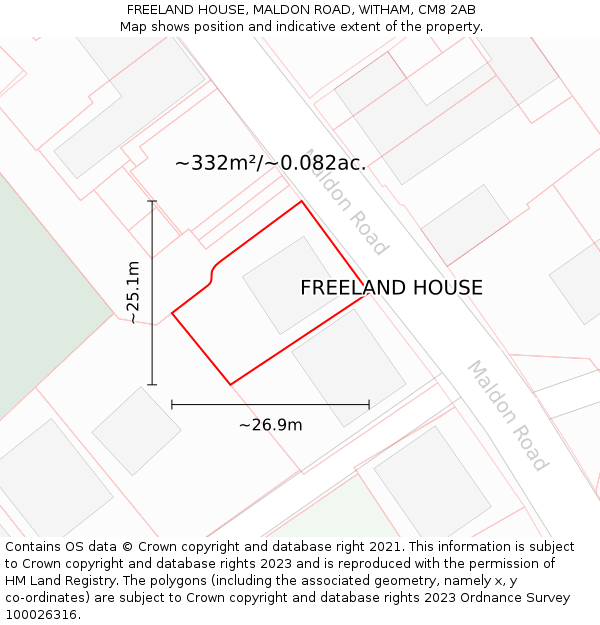 FREELAND HOUSE, MALDON ROAD, WITHAM, CM8 2AB: Plot and title map